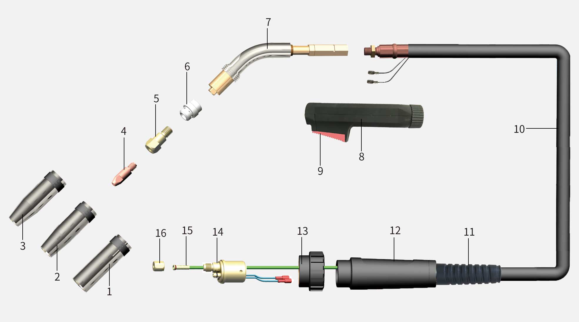 Product structure of the BW 23KD Air cooled MIG/MAG welding torch