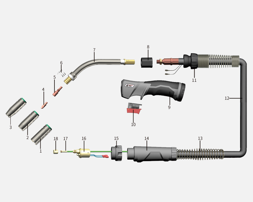 Product structure of the BW 25AK-mb25 Air cooled MIG/MAG welding torch