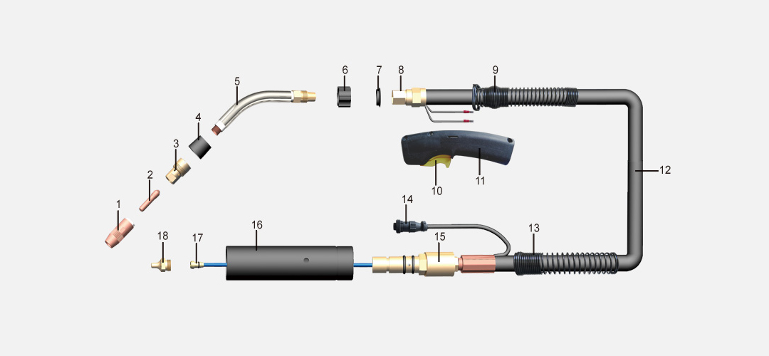 Product structure of the BW Q400 Air cooled MIG/MAG welding torch